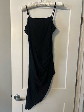 Asymmetric Black Slip Dress with Spaghetti Straps